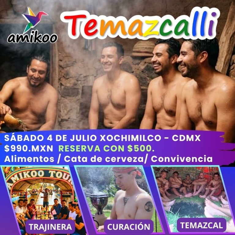 Temazcal gay en Xochimilco México Hombres en un temazcal, promoviendo un evento en Xochimilco, CDMX, con comida y cerveza.
