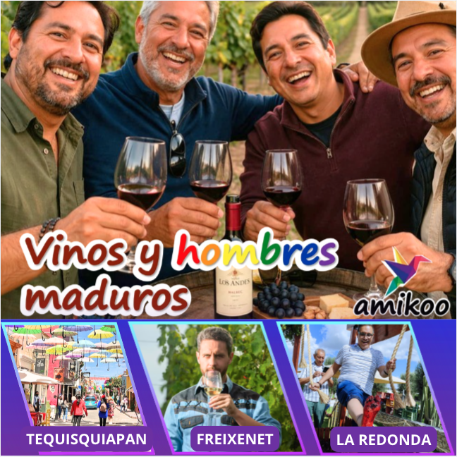 Tour Gay para Hombres maduros a los viñedos de Querétaro con cata de vino Tres hombres maduros sonrientes sosteniendo copas de vino en un viñedo, rodeados de naturaleza.