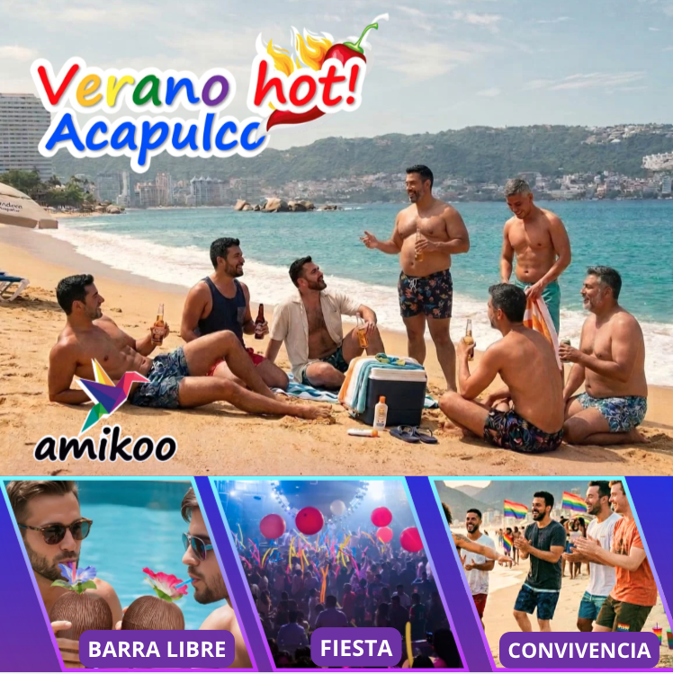 Tour gay acapulco Grupo de hombres gays en acapulco celebrando en la playa al atardecer, sosteniendo cervezas