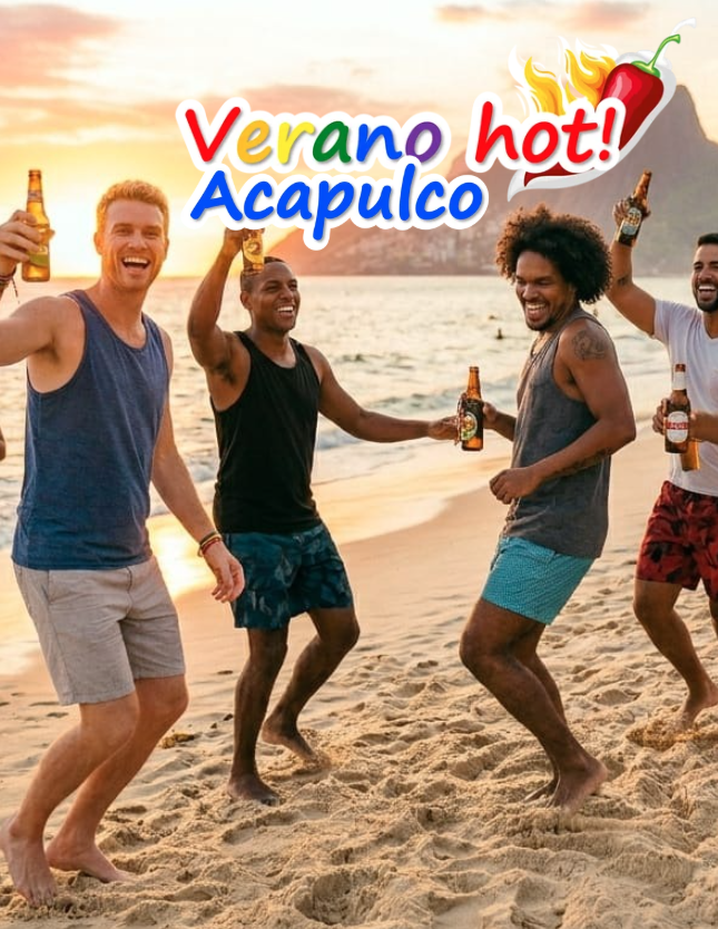 Tour gay acapulco Grupo de hombres gays en acapulco celebrando en la playa al atardecer, sosteniendo cervezas